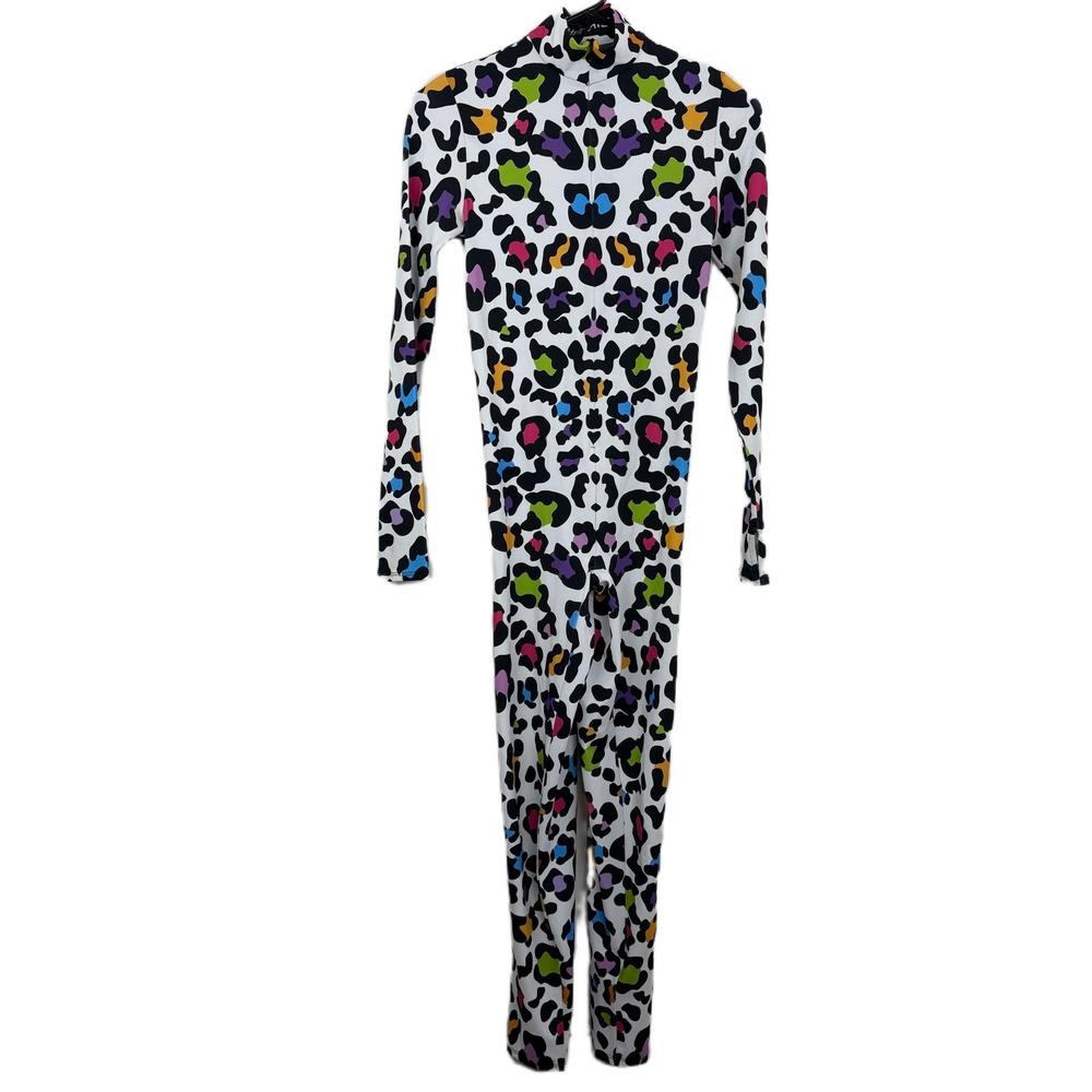Candy Catz Rave Costume Womens Small White Colorful Catsuit One Piece Cow Animal